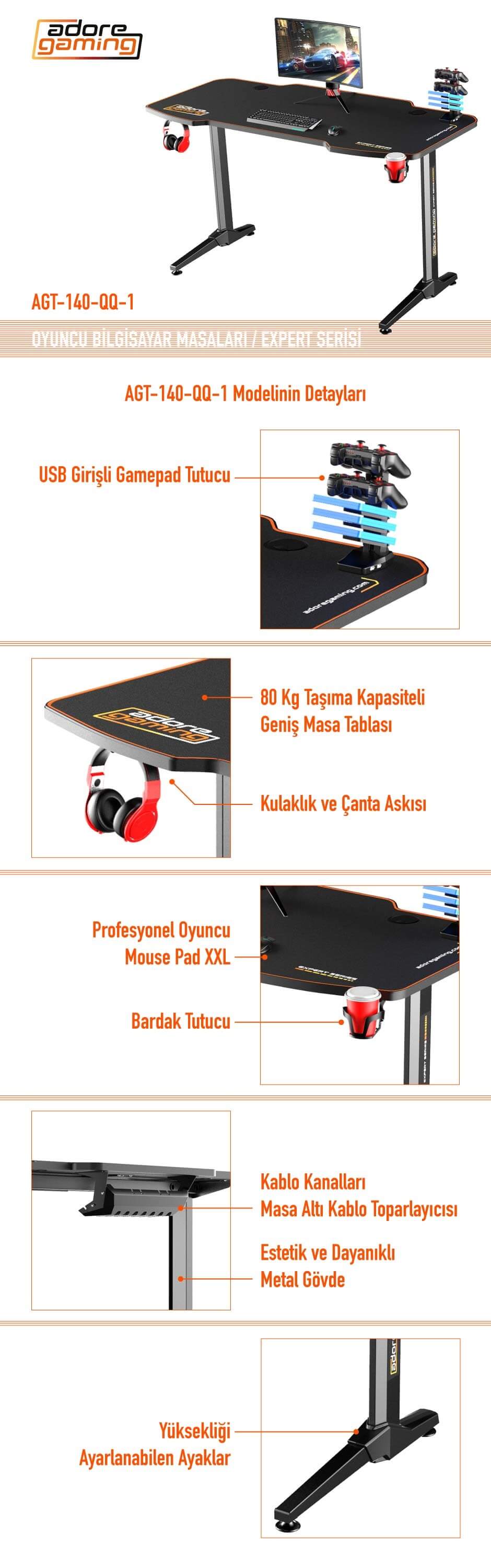 Adore Gaming Expert Karbon Çelik Gövde-Oyuncu Bilgisayar Masası Özellikleri