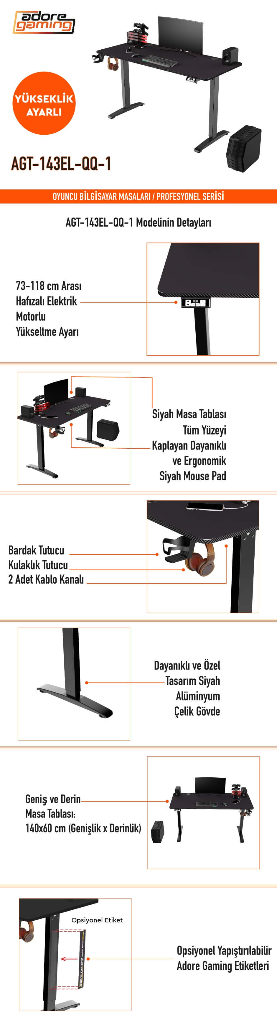 Adore Gamin Yükseklik Ayarlı Oyuncu ve Bilgisayar Masası Özellikleri