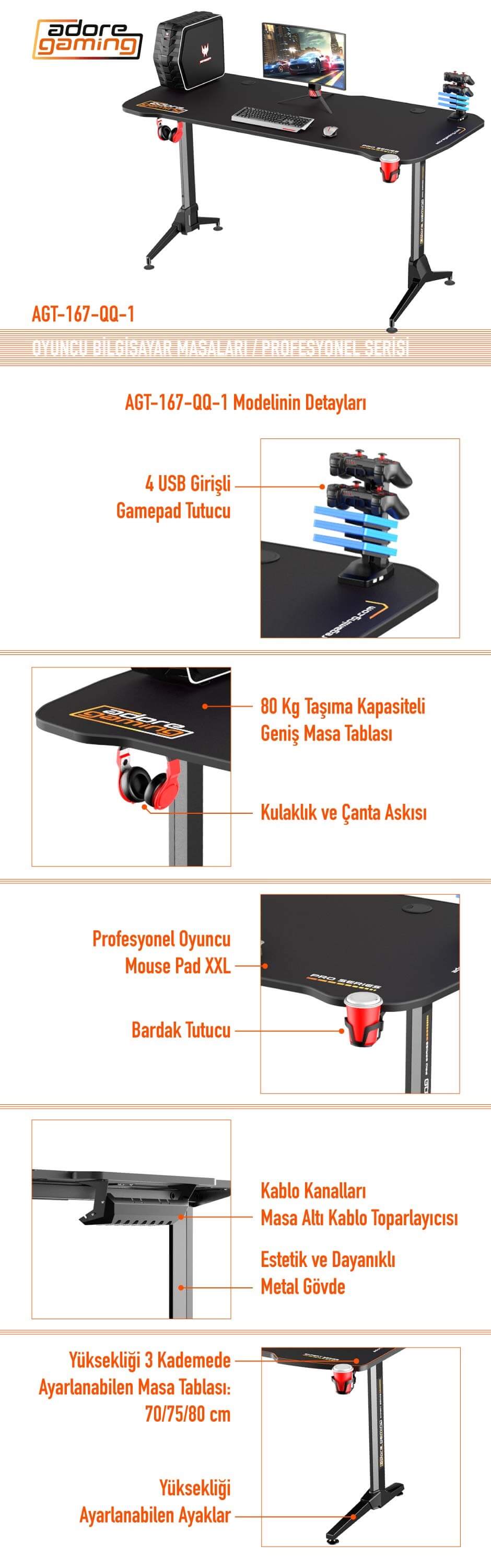 Adore Gaming Karbon Çelik Gövde Oyuncu Bilgisayar Masası Özellikleri