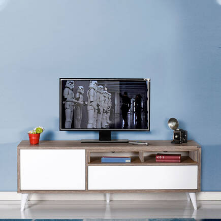 Adore Mobilya - Retro Wide Kapaklı Çekmeceli Tv Sehpası Latte-Diamond Beyaz