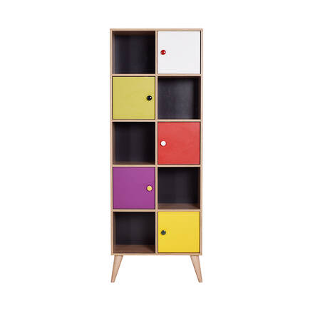Adore Mobilya - Rainbow 10 Raflı 5 Kapaklı Kitaplık - Sonoma-Sarı-Yeşil 67x185x30 cm (GxYxD) (1)
