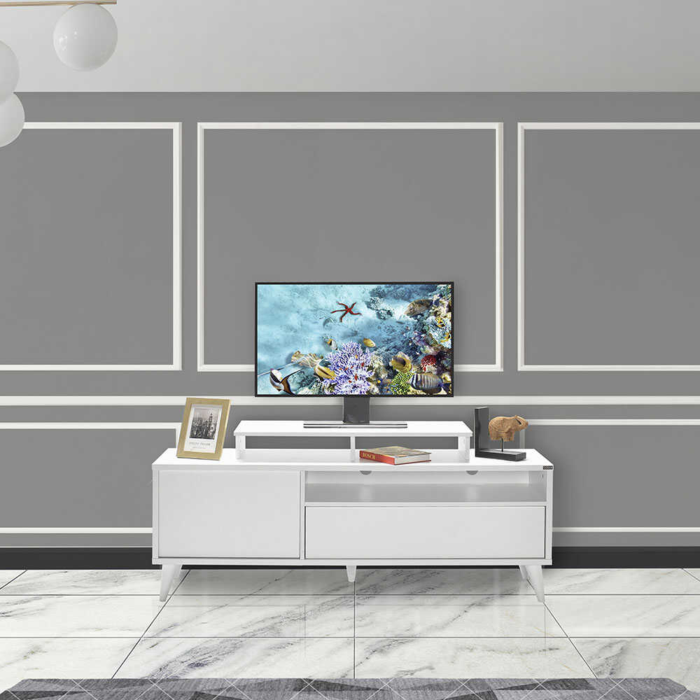 Retro Wide Kapaklı Çekmeceli Tv Sehpası - Diamond Beyaz