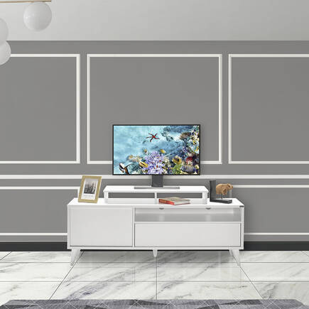 Adore Mobilya - Retro Wide Kapaklı Çekmeceli Tv Sehpası - Diamond Beyaz
